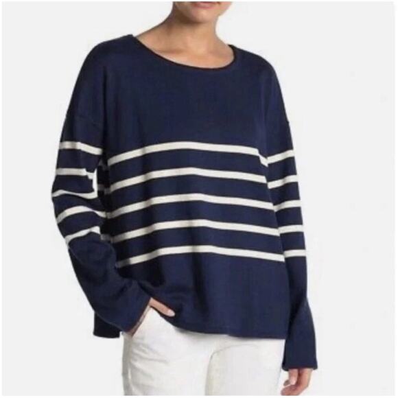 EILEEN FISHER 100% Organic Cotton Striped Pullover Sweater Navy & White, Large - Picture 1 of 11